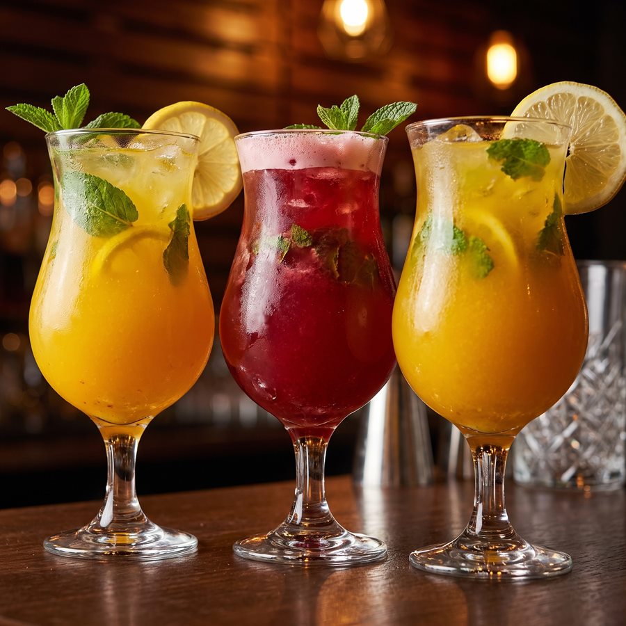 Tres cócteles de colores con hielo, menta y rodajas de limón