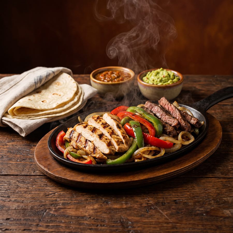 Fajitas de la casa con tortillas y salsas caseras
