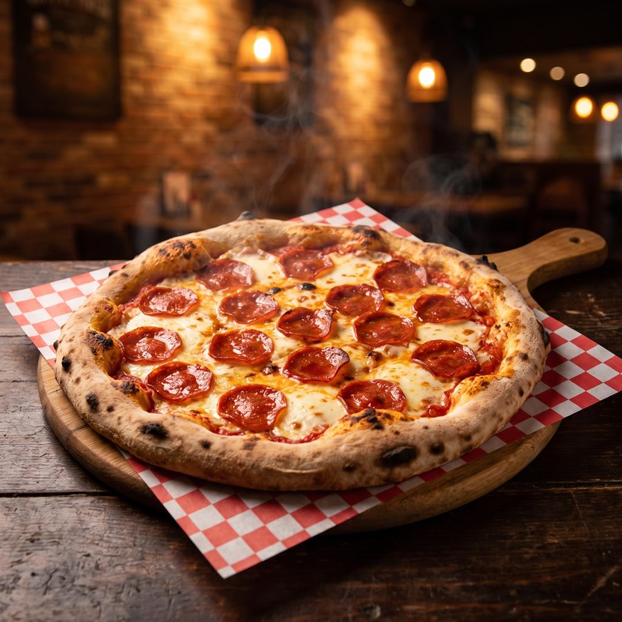 Pizza artesanal de pepperoni con queso derretido sobre papel cuadriculado